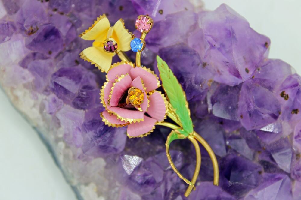 Austria Goldtone Enamel Glass Rhinestone Floral Brooch